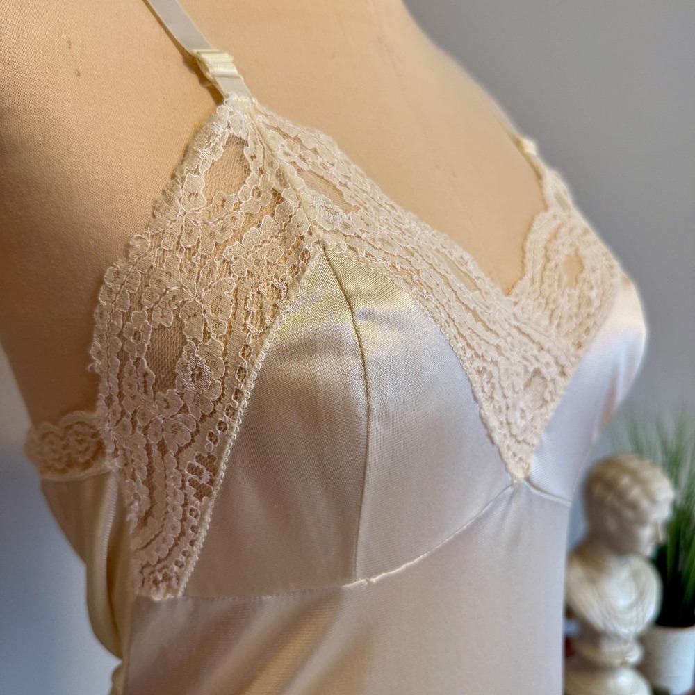 Ivory Satin Slip Nightgown Lace Trim V-Neck Adjustable Straps Lace Hem Coquette - Picture 3 of 14